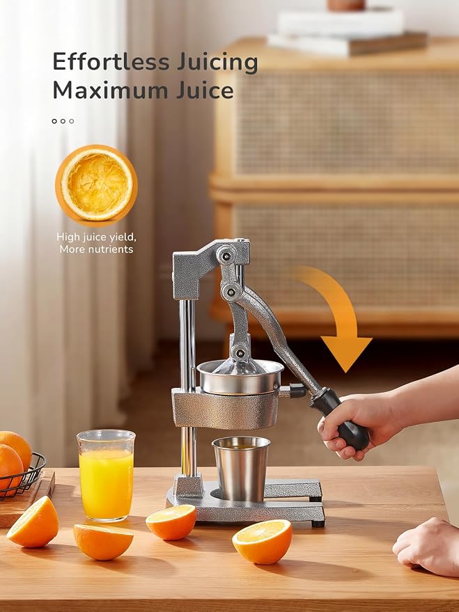 QCen Manual Citrus Juicer Cast Iron Heavy Duty Orange Press | Stainless Steel Strainer, Hand Squeezer, Easy To Clean, For Orange, Lemon, Lime And Grapefruit, Silver - Image 4