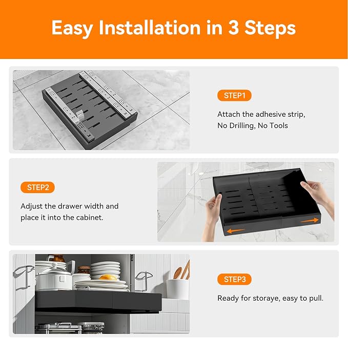 2 Pack 21'' Deep Pull Out Cabinet Organizer Expandable Width (12.6'' to 21'') Slide Out Drawers Pull Out Drawers Fixed with Adhesive Nano Film or Nail for Kitchen Bathroom Organization, Black - Image 4