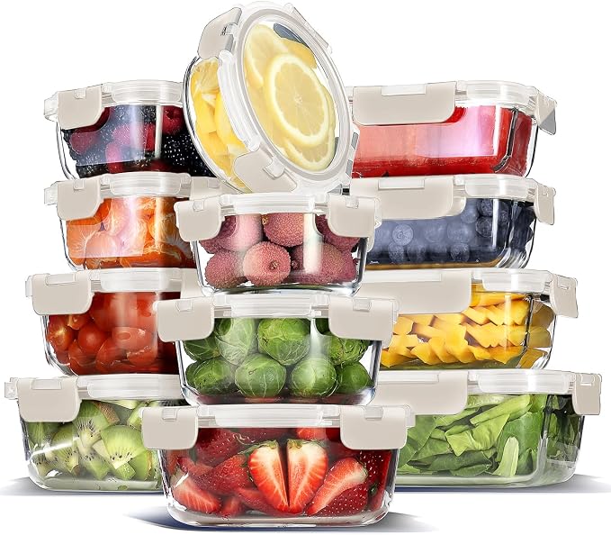 EATEX 24pc Glass Storage Containers with Lids, 12 Glass Food Storage Containers with 12 Airtight Lids for Pantry & Kitchen, Meal Prep Containers for Lunch, Oven Freezer Microwave & Dishwasher Safe by Eatex