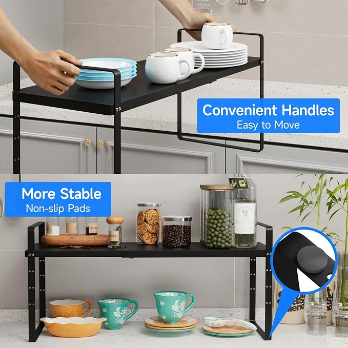 Expandable Cabinet Shelf Organizer, Stackable Kitchen Pantry Counter Storage, Adjustable Closet Cupboard Stand Rack Risers Spice Organization 80LBS Heavy Duty Black Large 1 Pack - Image 4