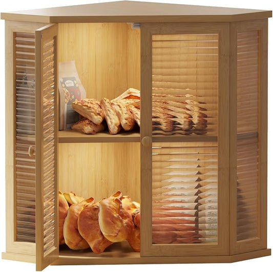 Corner bread box Bread Box for Kitchen Countertop - Corner Bread Storage Box 16.5" H, Premium Wood with Glass Door, Perfect for Homemade Bread, Baguettes & Pastries (Baoboo wood) by Aycarzcy