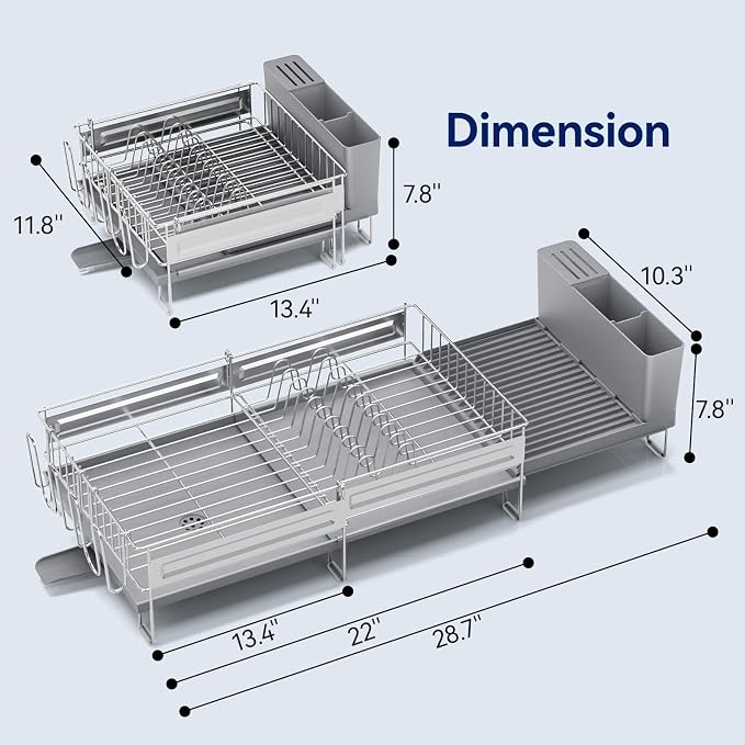 Stainless Steel Dish Drying Rack - Expandable Dish Racks for Kitchen Counter Organizer with Drain Board, Detachable Utensil & Cup Holder, Dish Drainer for Small Kitchen Counter, Grey - Image 6