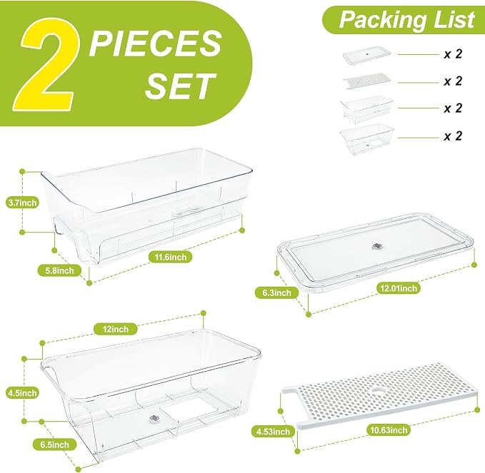 Pull Out Fridge Organizer Drawer, Stackable Refrigerator Storage Bins with Drain Tray and Lid, Clear Fruit and Vegetable Storage Containers Box, for Kitchen Freezer, 2-Pack - Image 6