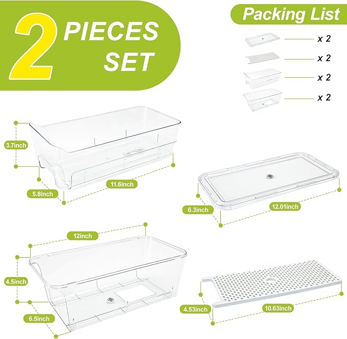Pull Out Fridge Organizer Drawer, Stackable Refrigerator Storage Bins with Drain Tray and Lid, Clear Fruit and Vegetable Storage Containers Box, for Kitchen Freezer, 2-Pack - Image 6