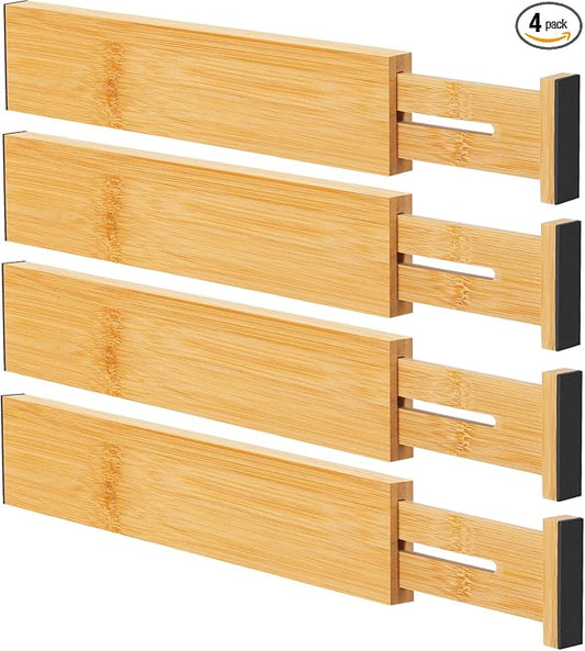 Bamboo Drawer Dividers, Adjustable Drawer Organizers, Fits 12.6–16" Drawers | 2.5" High, 4 Pack Expandable Drawer Separators for Kitchen, Nursery, Dressers & Office Storage, Natural by Ryqtop