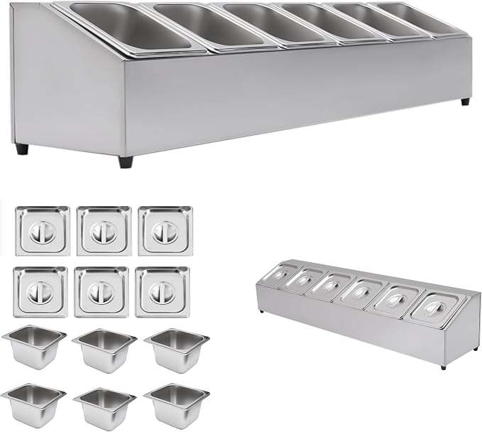 6Pans Pizza Topping Station Organizer Container Food Prep Condiment Caddy | Ingredients Holder Spice Rack Stainless Steel Candy Container Set with 6 Pans & Lids, Food Truck Restaurant Kitchen Buffet by kunghei