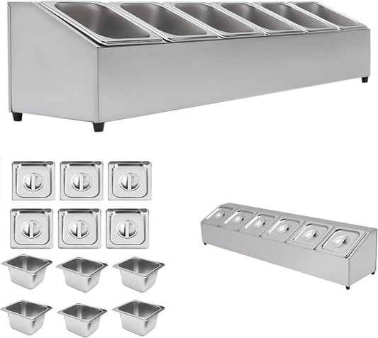 6Pans Pizza Topping Station Organizer Container Food Prep Condiment Caddy | Ingredients Holder Spice Rack Stainless Steel Candy Container Set with 6 Pans & Lids, Food Truck Restaurant Kitchen Buffet by kunghei
