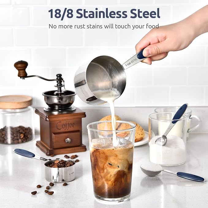 U-Taste 18/8 Stainless Steel Measuring Cups and Spoons (Set of 10, Midnight Blue), and Fine Mesh Strainer with Sturdy Riveted Silicone Handle and Strong Frame (Midnight Blue) - Image 5
