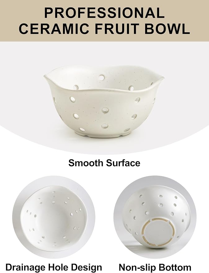 Gomakren Ceramic Berry Basket Set of 2, Rustic Fruit Basket Container 6 Inch, Fruit Bowl with Holes for Kitchen, Berries, Strawberry, Grape, Cherry, Floral Shape - Cream White - Image 3