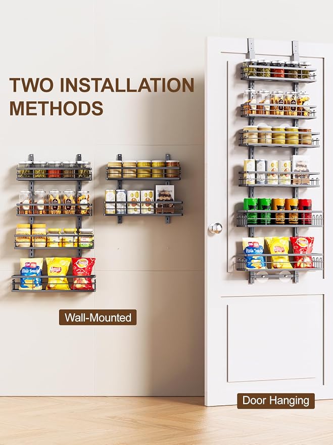 Delamu Over the Door Pantry Organizer, 6 Tier Pantry Door Organizer with Adjustable Basket, Door Spice Rack Seasoning Organizer, Metal Hanging Pantry Organizers and Storage for Kitchen,15.3" Black - Image 4