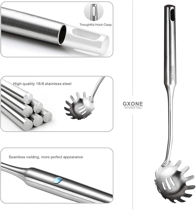 Spaghetti Spoon,304 Stainless Steel Pasta Spoon,Silver/13.8Inch | Long handle,cooking utensils for kitchen,cooking noodles/pasta - Image 3
