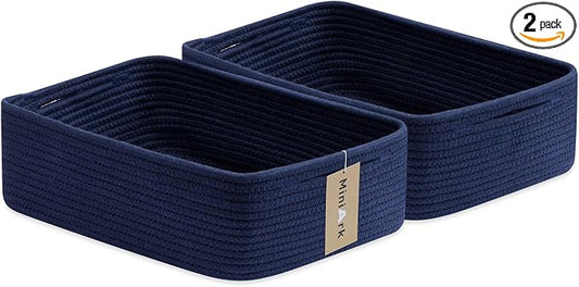MiniArk Large Shallow Organizing Baskets 15x11x5.1 Inches - Rope Woven Storage Bins for Bathroom, Shelves, Cube Closet, Navy Blue 2 Packs by MiniArkStorageBasketsHome