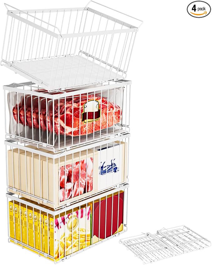 Large Freezer Organizer Bins for 5 to 9 Cu.Ft,Quick Expand/Collapse,4PACK | Freezer Organizer Bins, Stackable,foldable,With handle Wire Storage Container Baskets for Sort Frozen Meats,Leak-Proof Liner by ANJUBAN