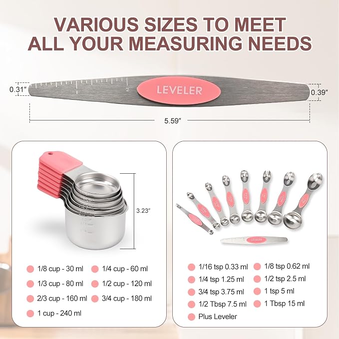 16-Piece Magnetic Measuring Cups and Spoons Set, Stainless Steel, Pink | 7 Silicone-Grip Cups, 8 Metal Spoons, 1 Leveler, US and Metric Marks for Dry & Liquid Ingredients, Kitchen Essentials Gadgets - Image 4