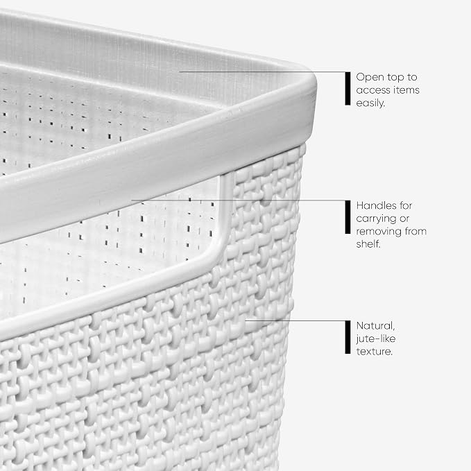 Curver Set of 4 Large 18L Easy Access Jute Decorative Plastic Organization and Storage Baskets - Perfect Bins for Home Office, Closet Shelves, Kitchen Pantry and All Bedroom Essentials, White - Image 3