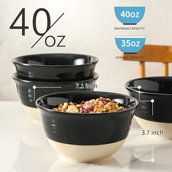 HASENSE Large Ceramic Soup Bowls Set of 4, 40 Oz Gloss Black Beige Stackable Stoneware Bowls, Farmhouse Bowls for Salad, Pasta, Ramen & Pho, Dishwasher & Microwave Safe - Image 3