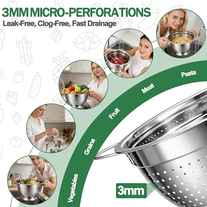 Strainers and Colanders for Kitchen, 3-Piece Stainless Steel Set Pasta and Rice Strainer with Handles, Raised Draining Base for Easy Counter Use (7”, 9”, 11”) - Image 8