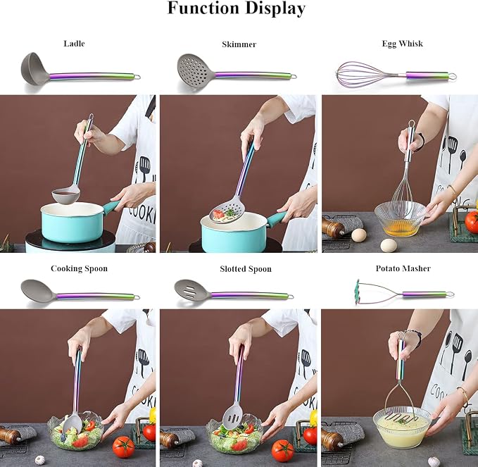 38 Piece Silicone kitchen Cooking Utensils Set with Utensil Crocks, Silicone Head and Stainless Steel Handle Cookware, Kitchen Tools for Utensil Set, Non-Stick kitchen Gadgets,Dishwasher Safe(Rainbow) - Image 6