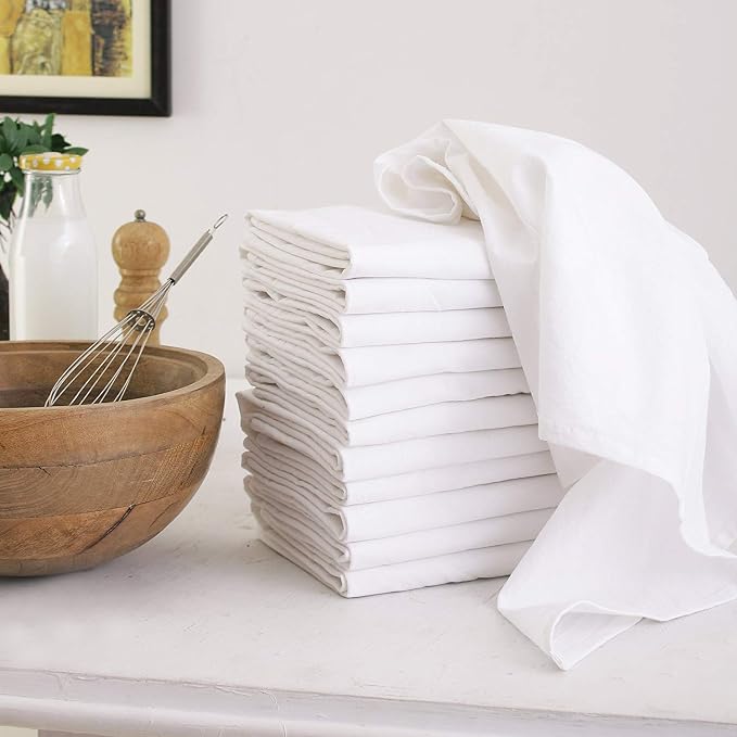 100% Cotton Flour Sack Towels – 12 Pack, 27x27 Inches, White, Lint-Free, Pre-Washed, Hemmed Edges – Reusable Kitchen Towels for Cleaning, Embroidery, Printing & Crafts - White by DGCollections