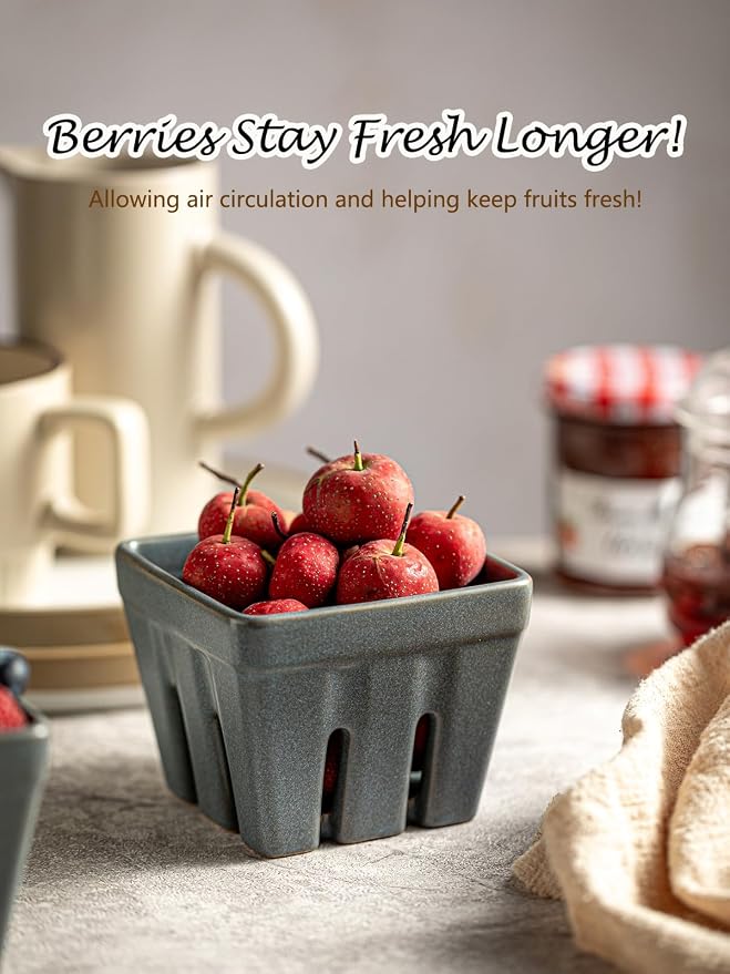 Gomakren Berry Bowl Set of 2, Ceramic Berry Basket, Square Fruit Bowls with Holes, Fruit Storage Containers for Kitchen Fridge, Cute Strawberry Basket for Berries, Grape, Cherry, Slate Blue - Image 3