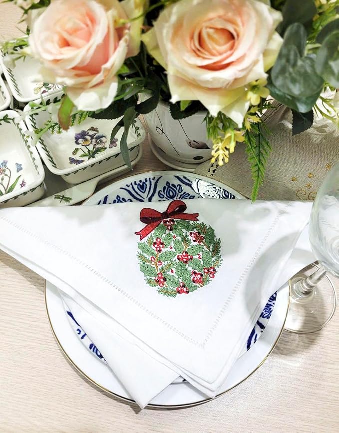 Embroidered Cloth Napkin Pine Christmas Wreath Cotton Napkins Set of 6, 20 x 20 Hemstitch Table Napkins, Machine Washable, for Daily & Holiday Dining, Great Gift Ideas - Image 8