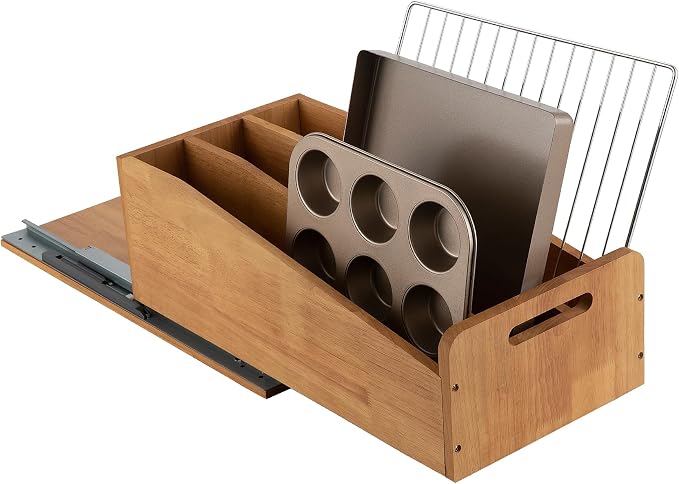 DINDON Pull Out Cabinet Organizer for Pans, Cookie Sheet, Bakeware, Cutting Board, Slide Out Kitchen Cabinet Storage Organizer Rack, 10.5''W X 21"D X 7.5"H, Wood - Image 6