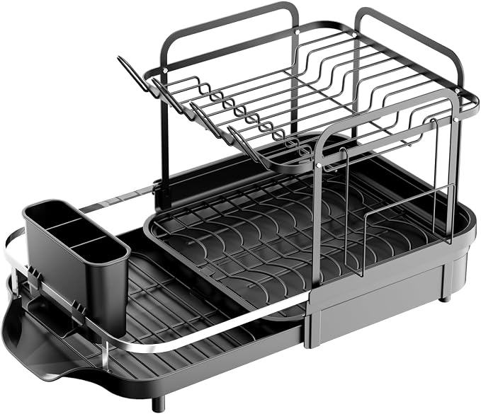 Expandable Stainless Steel 2-Tier Large Capacity Dish Drying Rack, Auto Drain Kitchen Counter Drainer with Rotatable Multi-Slot, Drainboard, Utensil, Cup Cutting Board Holder, 15"-22.4" Adjustable - Image 2