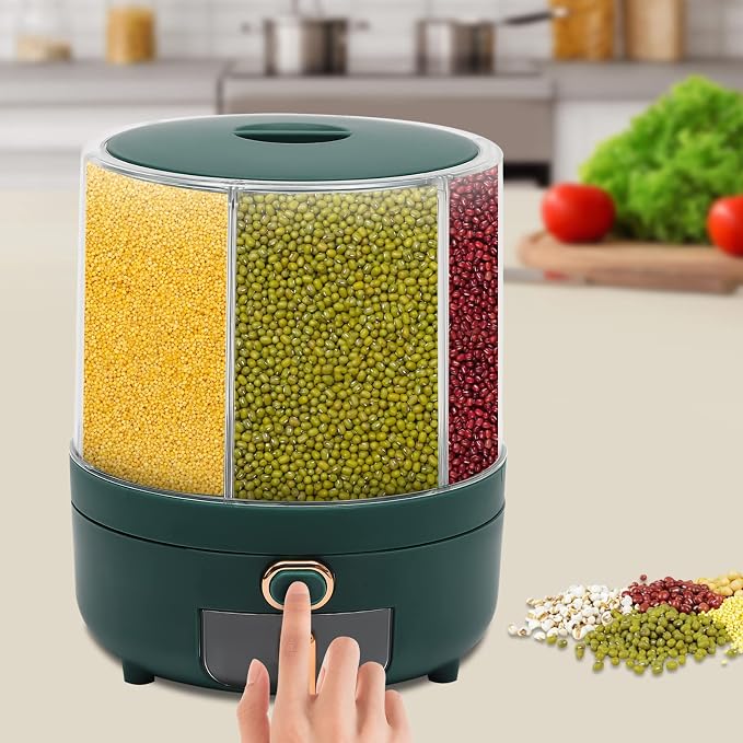 360° Rotating Grain Dispenser With 6 Grids, 13.2lbs Large Capacity Grain Dispenser Rotating Kitchen Storage Containers With Sealed Lid For Peanut Barley Millet And Cereal (Green, 14.3 lbs) - Image 4