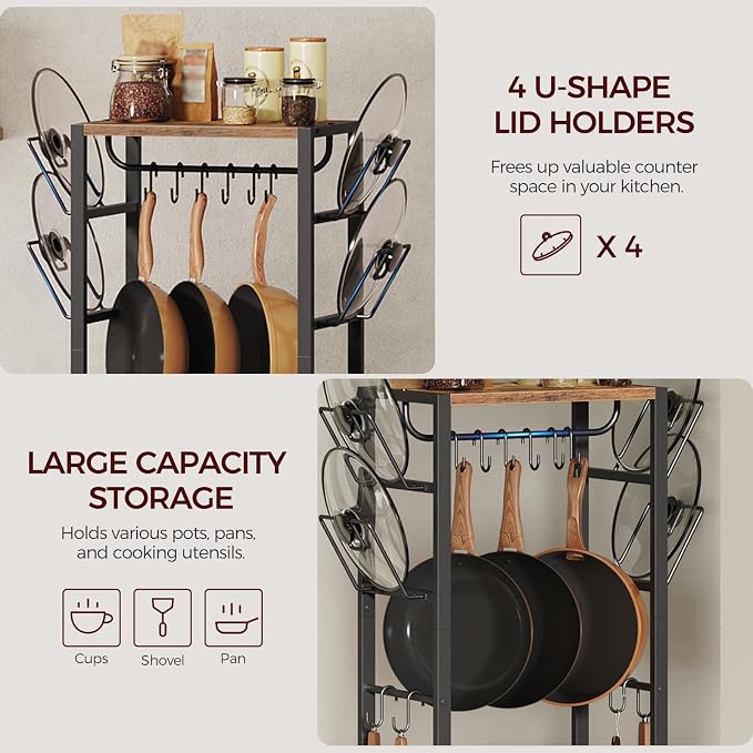 MAHANCRIS 4-Tier Pot Rack, Pots and Pans Organizer for Kitchen Corner, Kitchen Storage Rack with U-Shaped Lid Holders, Freestanding Cookware Stand, Rustic Brown and Black POHR3001 - Image 8