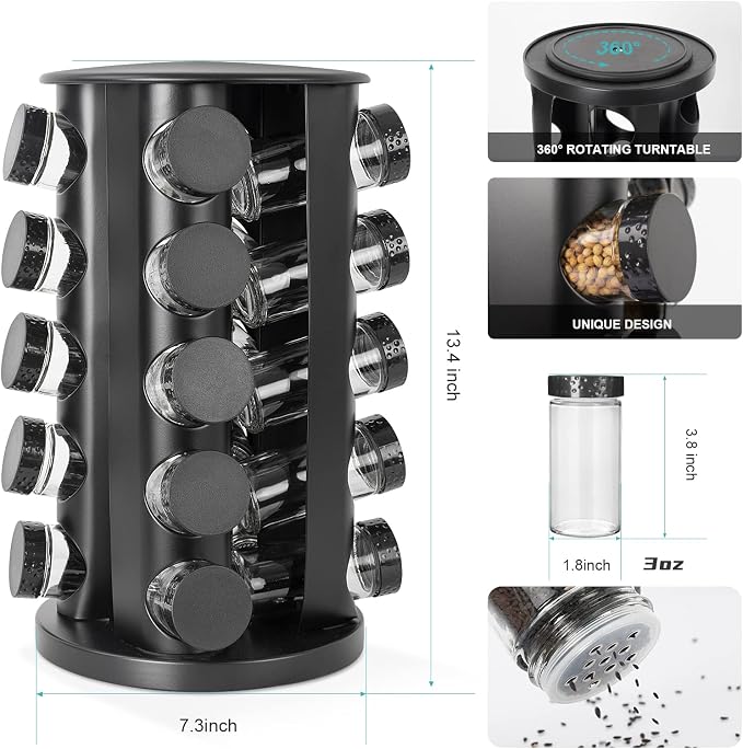 Tianifa Black Countertop Rotating Spice Rack, Round Empty 20-Jars Revolving Spice Rack Organizer, 135 Spice Labels with Funnel Complete Set, for Kitchen Countertop, Cabinet - Image 2
