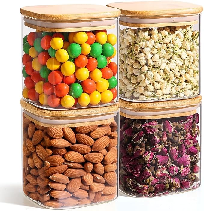 ComSaf Square Glass Containers with Lids 0.7 Qt, Set of 6 Pantry Galss Jars | Glass Storage Containers with Lids, Small Canisters, Spice Jar, Bamboo Lid with Silicone Seal, Size For Subpackage, BPA Free by ComSaf