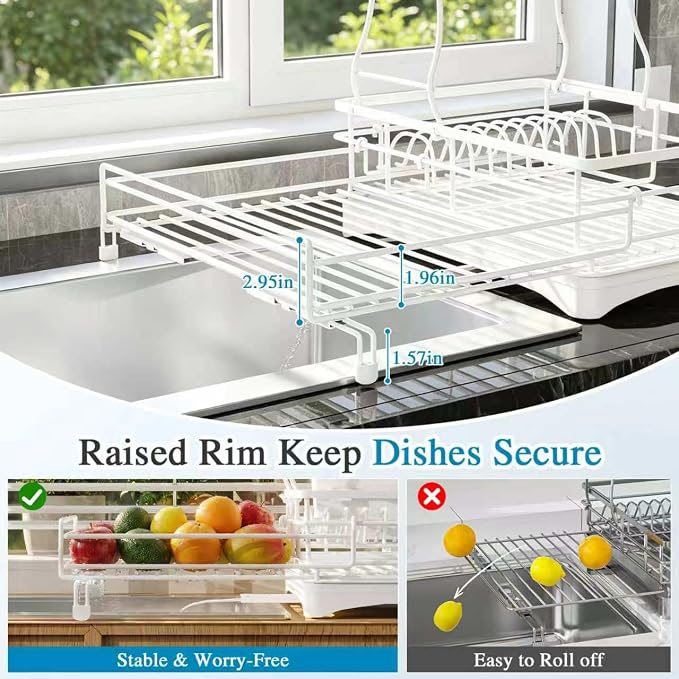 2 Tier Dish Drying Rack, Large Extendable Dish Racks for Kitchen Counter , Dishrack with Drainboard, 2-in-1 Anti-Rust Stainless Steel Dish Drainer with Utensil Holder (White, double of Dish Rack) - Image 6