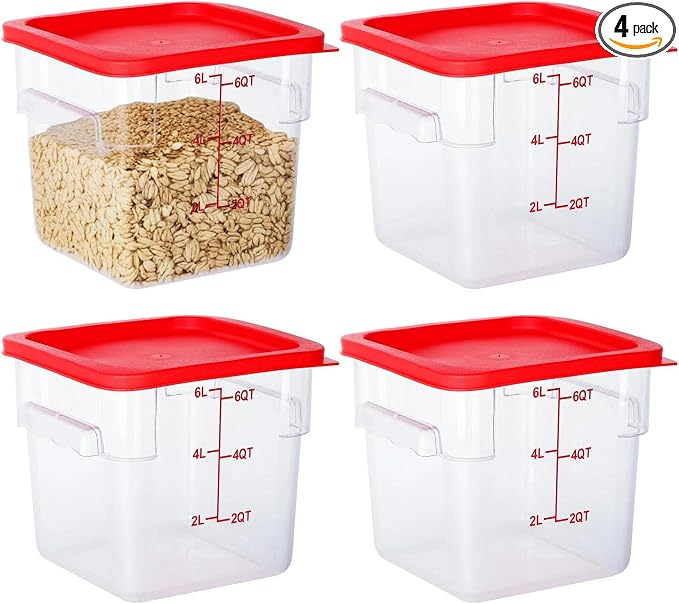 BIEAMA 4 Pack 6 Qt Square Food Storage Containers with Lids, NSF, Clear | Commercial polycarbonate containers with scale markings and handles; stackable for prep, brining, fermentation & bulk storage by BIEAMA