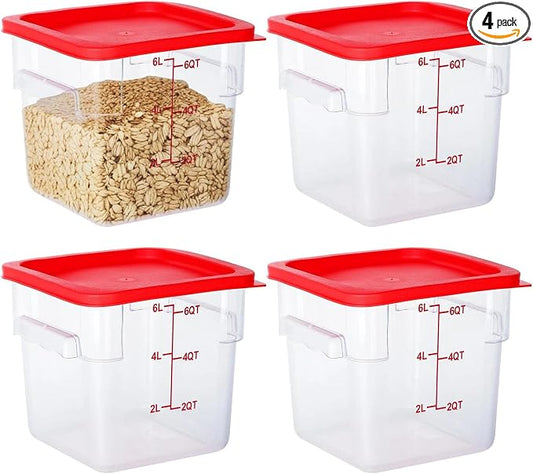 BIEAMA 4 Pack 6 Qt Square Food Storage Containers with Lids, NSF, Clear | Commercial polycarbonate containers with scale markings and handles; stackable for prep, brining, fermentation & bulk storage by BIEAMA
