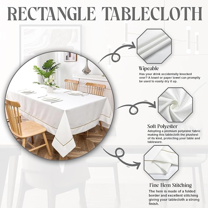 Majestic Giftware Linen Look Polyester Tablecloths for Rectangle Tables | (70/180) - TC1553 White with Gold Trim Design Etched at Seam Table Cover | Decorative Washable Tablecloth for Kitchen & Dining - Image 2