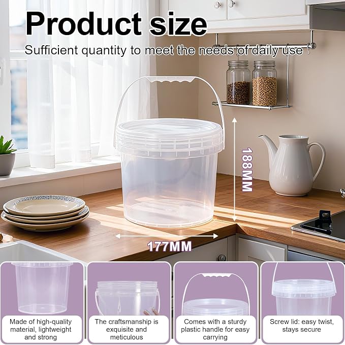4 Pack 1 Gallon Food Grade Plastic Buckets with Screw Lids & Handle, Reusable Storage Containers for Snacks, Salad, Sauce - Clear Freezer Safe Bucket Set - Image 4