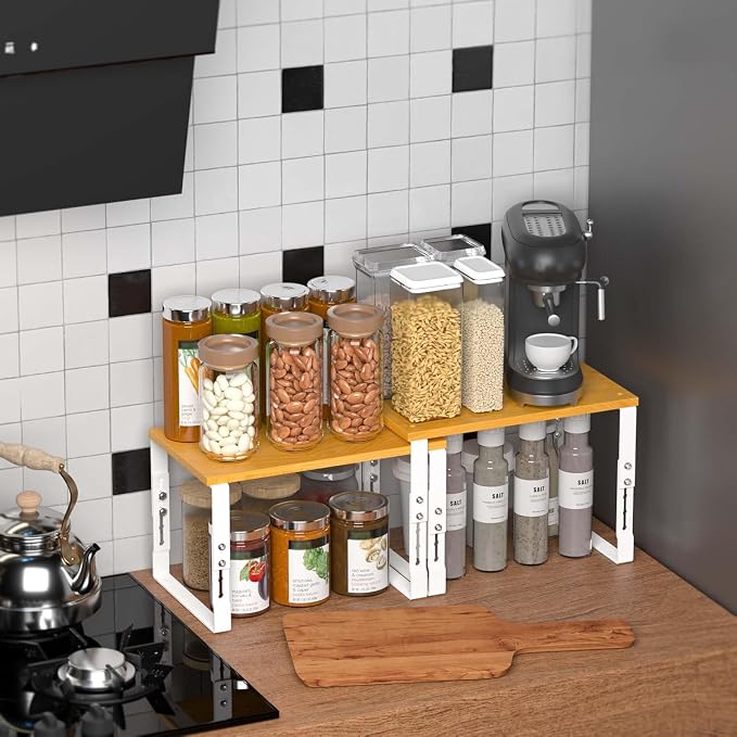 Expandable Kitchen Cabinet Organizer Shelves – Stackable Adjustable Metal and Wood Storage Racks for Countertop, Pantry, Garage Set of 2 Spice Rack – Easy Assembly, Space-Saving(2 Packs/Large/White) - Image 2