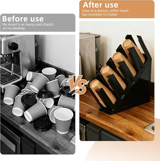 Black Commercial Cup and Lid Holder with Straw Organizer,Disposable Coffee Cup Condiment Dispenser for Countertop Org, Bar, Beverage Cup, Kitchen, Breakroom,15.2"x11.6"x4.52" (Slanted cup holder) - Image 6