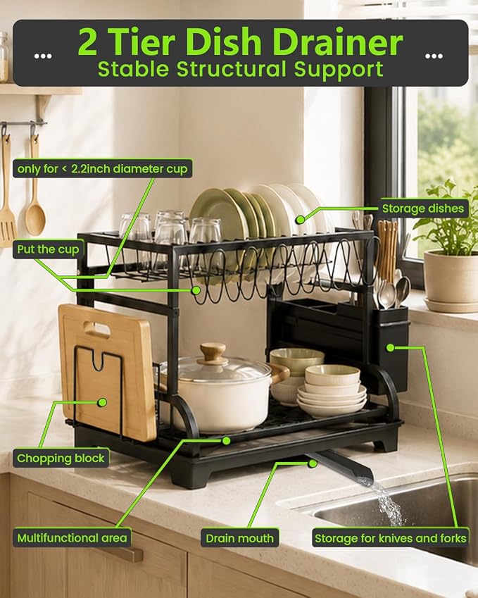 2-Tier Foldable Dish Drying Rack with Drainboard, Stainless Steel Large Capacity Kitchen Counter Organizer with Cup Holder, Utensil & Cutting Board Storage, No Assembly Required, Black - Image 6