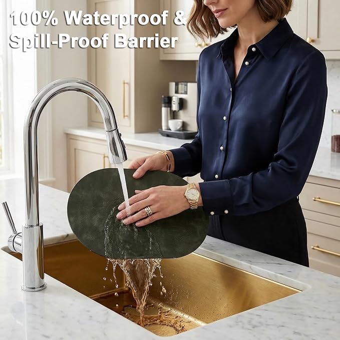 Oval Placemats 2mm Ultra Thick Faux Leather Table Mats, Heat Resistant Waterproof Wipeable Dining Mats for Kitchen Table, Set of 4, Olive Green - Image 4