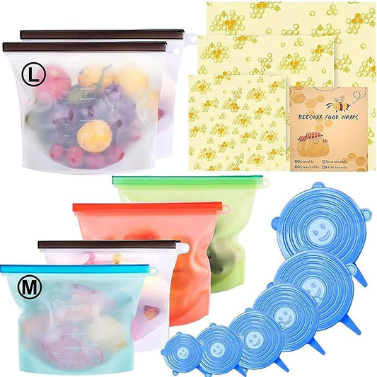 Reusable Storage Bags 15 Packs Reusable Silicone Storage Bags Set with 6 PCS Eco-Friendly Leakproof Silicone Food Storage Bags,3PCS Beeswax Wrap+6PCS Silicone Stretch Lids Cover for Meat Fruit Veggies by Alpacasso