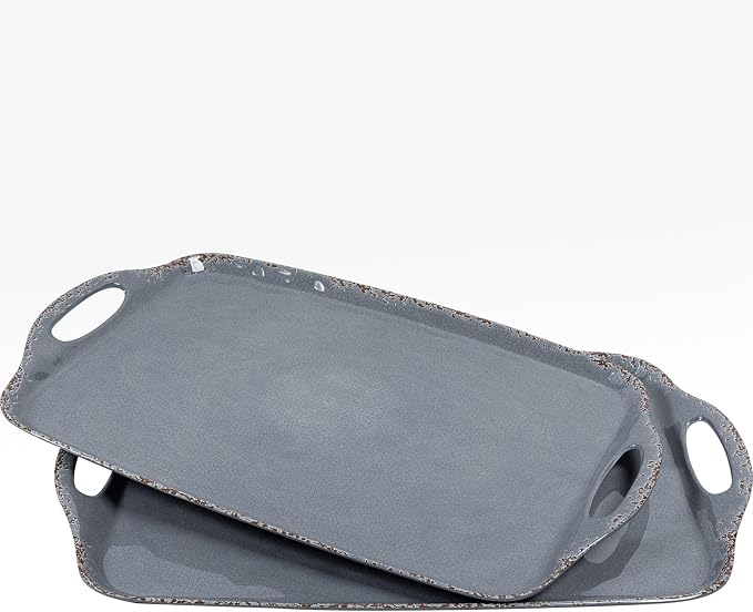 Extra Large Serving Tray with Handles, 19 x12 inch, Set of 2, Melamine Platters for Serving Food, Turkey, Cookie, Farmhouse Rectangular Brekfast Tray, Dishwasher Safe, Gray - Image 2