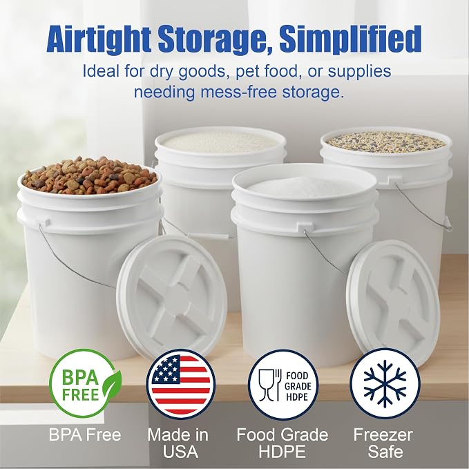 5 Gallon Bucket - Food Grade w/Lid BPA-Free, White/White, 6 | Airtight Gamma Seal Screw-On Lid, Heavy-Duty 90 Mil HDPE Plastic, Food Safe and Durable Container, Bulk Storage, Made in USA - Image 2