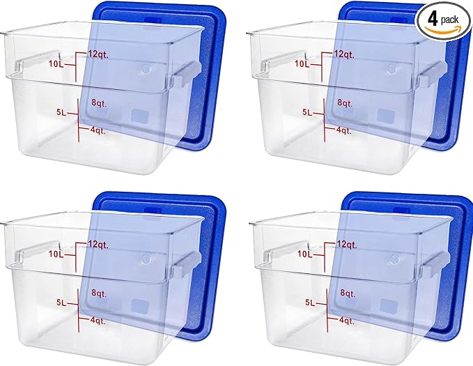 Tiger Chef 12 Quart Commercial Grade Clear Food Storage Square Polycarbonate Containers With Blue Lids 4 Pack by TigerChef