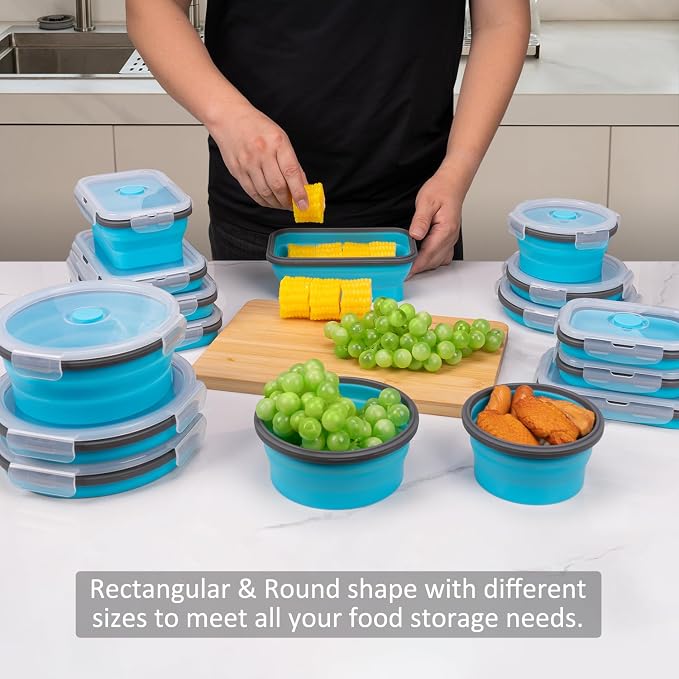 Collapsible Food Storage Containers with Lid & Air Vent, 16 Pack, 8 Rectangular + 8 Round, Foldable Silicone Lunch Containers Collapsible Bowls Set, Microwave Freezer Dishwasher Safe, Blue - Image 2