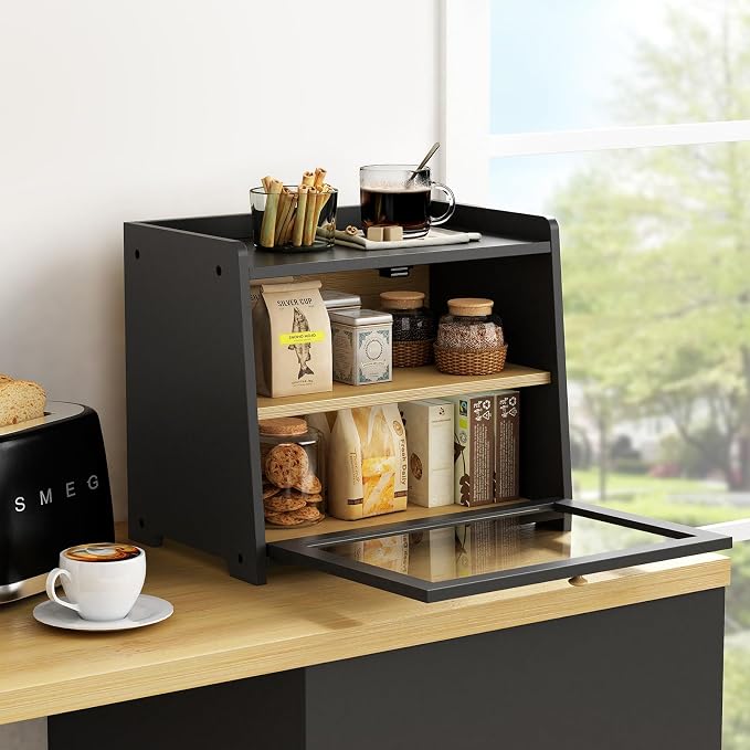 Goozii 2 Tier Bread Box for Kitchen Countertop Black, Double Layer Breadbox for Counter Top, Large Wood Vintage Bread Storage Container for Homemade Bread, Corner, Under Cabinet, Pantry - Image 3