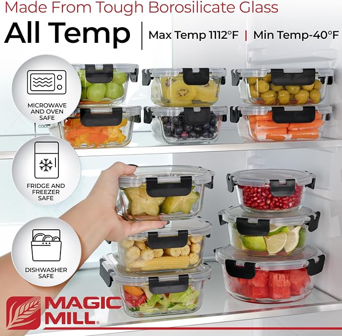 Magic Mill Premium Borosilicate Glass Food Storage Containers with lids Set | 24pc Sets with 12 Bowls & 12 Airtight Locking Lids for Lunch & Meal Prep, Safe for Oven, Freezer, Dishwasher, BPA-Free - Image 2