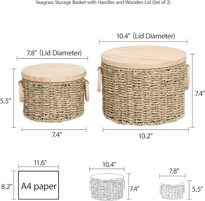 Woven Seagrass Storage Basket Set of 2 with Lids | Stackable Rectangular Baskets,Decorative Natural Storage for Organization, Home, Closet, Desktop & Shelves - Image 6