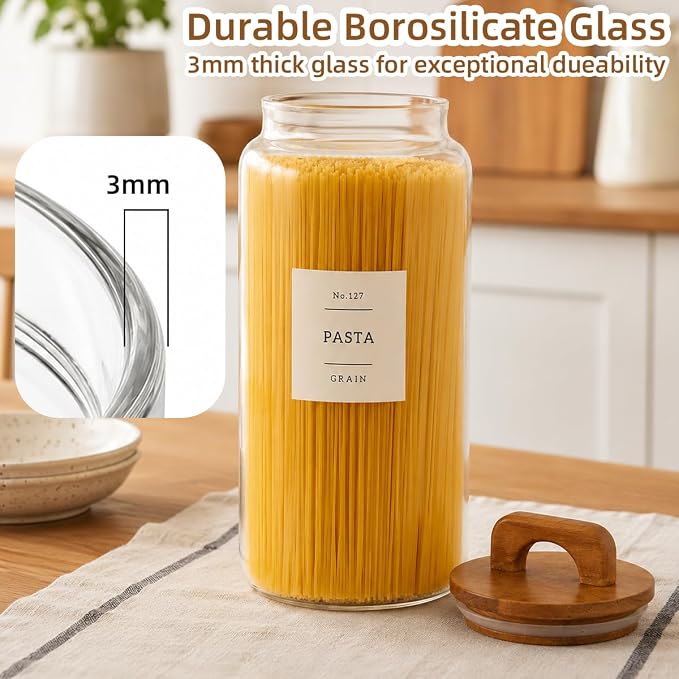 2 Pack Large Glass Flour and Sugar Containers with 132 Pantry Labels - 105 FL OZ Glass Canisters with Bamboo Airtight Lids - Farmhouse Kitchen Glass Pantry Jars for Cookie, Rice, Pasta, Cereal, Salt - Image 4