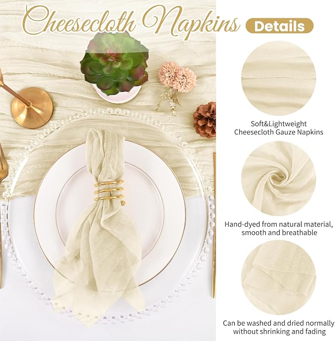 100 Pack Ivory Cloth Napkins 20x20Inch Cheesecloth Napkins | Elegant Cloth Napkins for Table, Washable Rustic Boho Gauze Napkins, for Wedding Party Bridal Baby Shower Dinner Decor - Image 3